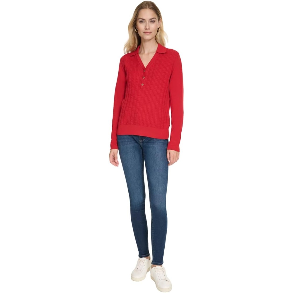 image:imageNautica Womens VNeck Cable Polo Long SleeveHaute Red