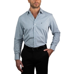 NAUTICA Slim Fit 100% Cotton Mens Dress Shirts Long Sleeve Wrinkle Resistant Formal(Blue & Green Plaid)