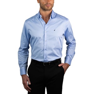 NAUTICA Slim Fit 100% Cotton Mens Dress Shirts Long Sleeve Wrinkle Resistant Formal(Navy & Blue Dots)
