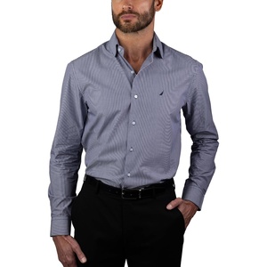 NAUTICA Slim Fit 100% Cotton Mens Dress Shirts Long Sleeve Wrinkle Resistant Formal(Navy Check Stripe)