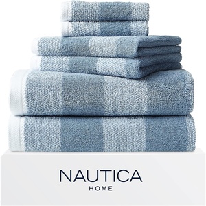 Nautica – Bath Towel Set, Cotton Bath, Hand & Washcloths, Plush, Absorbent & Quick-Dry, Chevron Print, Americana Decor, Set of 6, Zane Blue(Oak Lake Blue)