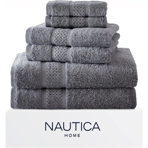 Nautica – Bathroom Towels, Soft Cotton Washcloth, Bath & Hand Towel Set, Highly Absorbent & Quick Dry, Zero Twist, Set of 6, College Dorm Room Essentials (Oceane Dark Grey)(Oceane Grey)