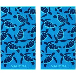 Nautica – Beach Towels Oversized, 2 Pack Cotton Velour Towel Set, 36×68, Plush, Absorbent & Quick-Dry Beach Essentials, Striped Americana Decor, Berry Pink(Neon Turtles Blue)