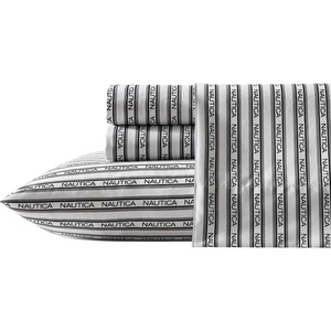 Nautica – Sheet Set, Breathable & Cooling Microfiber Bedding with Matching Pillowcase, Deep Pocket, Fully Elasticized (Nantucket Lobster Ocean Breeze Blue, Twin)(Striped Nautica Logo Grey)