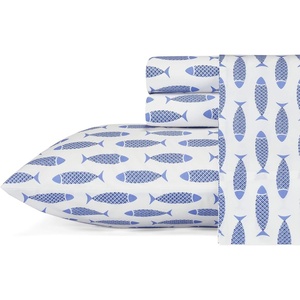 Nautica – Twin Size Sheet Set, Crisp Cotton Percale Bedding with Matching Pillowcase, Lightweight & Breathable Bed Sheets, Deep Pocket, College Dorm Room Essentials (Star Spangled Blue)(Woodblock Fish Blue)