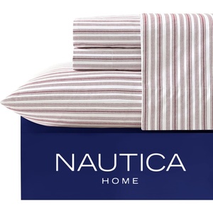 Nautica – Twin XL Size Sheets Set, Crisp & Tailored Floral Bedding with a Smooth Cotton Percale, Bed Sheets with Matching Pillowcase & Fitted Sheet (Breezy Bloom Blue)(Coleridge Stripe Red)