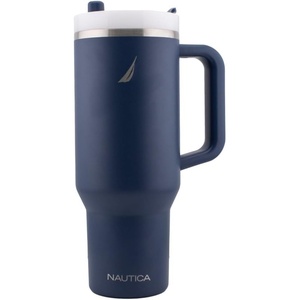 Nautica 40 oz Large Insulated Tumbler with Handle & Straw with screw on cap, Reusable Water Bottle Stainless Steel Travel Mug for Hot Cold or Iced Drink, BPA-Free, Fits Car Cup Holders (Light Blue)(Navy)