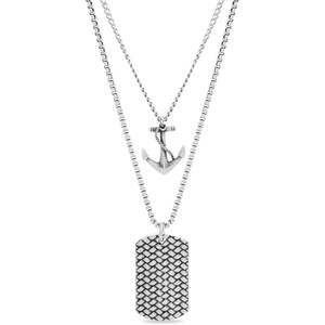 Nautica Anchor Dog Tag Layered Necklaces for Men Oxidized Stainless Steel 24 Inches