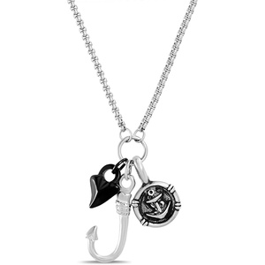 Nautica Fish Hook Charm Anchor Shark Tooth Necklace for Men Oxidized Stainless Steel 20 Inches