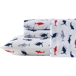 Nautica Kids – Twin XL Sheet Set, Ultra-Soft Microfiber Bedding with Fully Elastic Fitted Sheet, Coastal Kids Bed Set with Pillowcase, Easy Care Bedding (Caspian Whales)(Branson Sharks Navy)