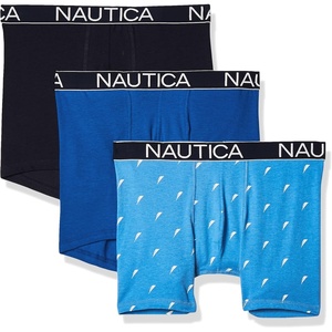 Nautica Men’s 3-Pack Classic Cotton Stretch Boxer Briefs(Peacoat/Sea Cobalt/Sail Print Aero Blue)