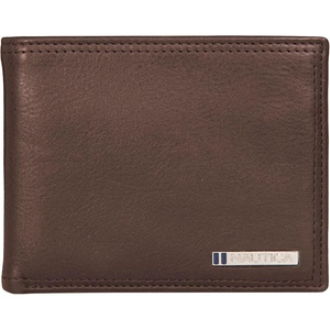 Nautica Men’s Bifold Leather Wallet | RFID Blocking | ID Window | Card Slots | Organization | Durable | Stylish(Enameled Logo – Brown)