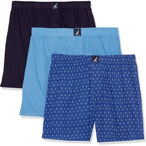 Nautica Men’s Classic Cotton 3-Pack Woven Boxers(Aero Blue/Peacoat/Anchor Bright Cobalt)