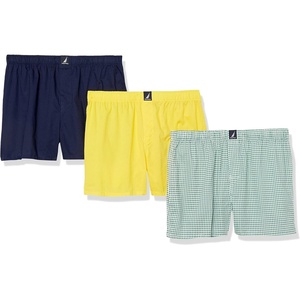 Nautica Men’s Classic Cotton 3-Pack Woven Boxers(Mari Gold/Peacoat/Check Ocean Greenery)
