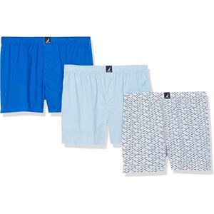 Nautica Men’s Classic Cotton 3-Pack Woven Boxers(Noon Blue/Spinner Blue/Shark Print Peacoat)