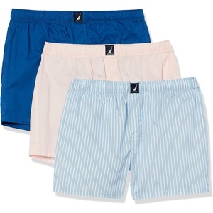 Nautica Men’s Classic Cotton 3-Pack Woven Boxers(Oasis Pink/Ocean Lapis/Pin Stripe Silver Lake)
