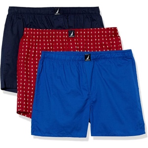 Nautica Men’s Classic Cotton 3-Pack Woven Boxers(Peacoat/Bright Cobalt/Anchor Print Red)