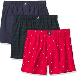 Nautica Men’s Classic Cotton 3-Pack Woven Boxers(Peacoat/Buffalo Check Tidal Green/Holiday Sail Print Red)