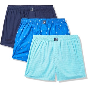 Nautica Men’s Classic Cotton 3-Pack Woven Boxers(Peacoat/Houndstooth Scuba Blue/Anchor Print)