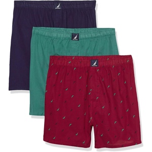 Nautica Men’s Classic Cotton 3-Pack Woven Boxers(Peacoat/Tidal Green/Sails-nautica Red Holiday)