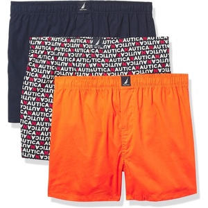 Nautica Men’s Classic Cotton 3-Pack Woven Boxers(Peacoat/Tropic Orange/Nautica Logo Print)
