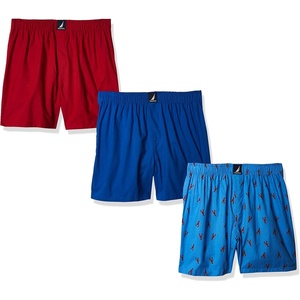 Nautica Men’s Classic Cotton 3-Pack Woven Boxers(Sea Cobalt/Nautica Red/Lobster Aero Blue)