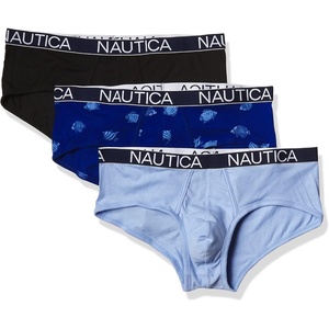 Nautica Men’s Classic Cotton Stretch 3-Pack Briefs(Black/Coastal Sky/Fish Print Windsurf)