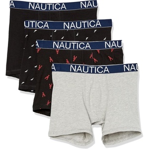 Nautica Men’s Cotton Stretch 4 Pack Boxer Briefs(Black/Heather Grey/Sail Print/Lobster)