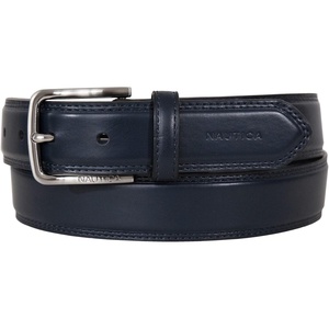Nautica Men’s Dress Leather Belt for Suits and Pants | Classic | Business | Fashion | Adjustable | Metal Buckle(Logo Inlay Double Stitch – Navy)