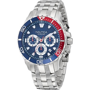 Nautica Men’s NST Chronograph 44mm Watch(Silver/Blue-Red/Silver)