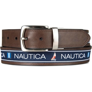 Nautica Men’s Reversible Leather Belt | 2-in-1 | Classic | Everyday | Business | Work | Dress | Casual | Metal Buckle(Flag Logo – Brown)