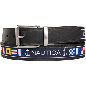 Nautica Men’s Reversible Leather Belt | 2-in-1 | Classic | Everyday | Business | Work | Dress | Casual | Metal Buckle(Flag Pattern – Black)