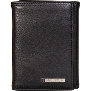 Nautica Men’s Trifold Wallet | RFID Blocking Protection | ID Window | Card Slots | Genuine Leather | Durable(Enameled Logo – Black)