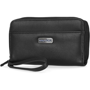 Nautica On The Double Zip Around Vegan Leather Womens RFID Clutch Wallet With Wristlet Strap, Indigo Red(Black)