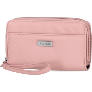 Nautica On The Double Zip Around Vegan Leather Womens RFID Clutch Wallet With Wristlet Strap, Indigo Red(Blush)