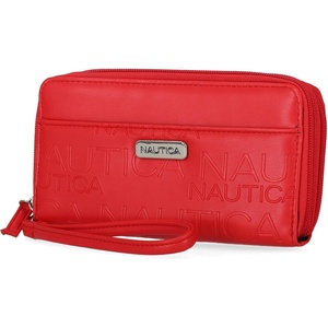 Nautica On The Double Zip Around Vegan Leather Womens RFID Clutch Wallet With Wristlet Strap, Indigo Red(Fuego Red 2)