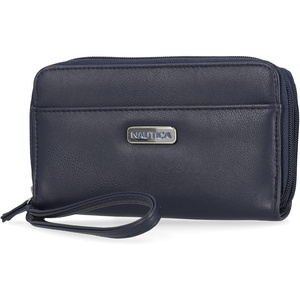 Nautica On The Double Zip Around Vegan Leather Womens RFID Clutch Wallet With Wristlet Strap, Indigo Red(Indigo)