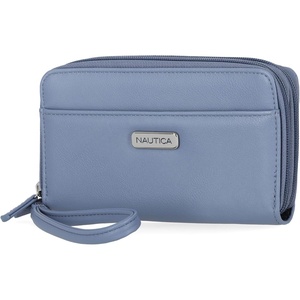 Nautica On The Double Zip Around Vegan Leather Womens RFID Clutch Wallet With Wristlet Strap, Indigo Red(Marina)