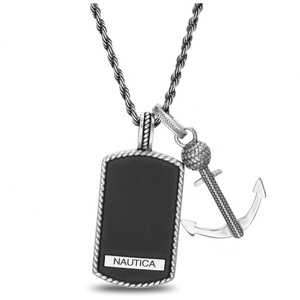 Nautica Oxidized Stainless Steel Black Enamel Dog Tag Anchor Rope Chain Necklace for Men