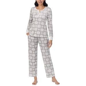 Nautica Pajamas for Women Set, Long Sleeve Henley Pajama Shirt & Pants, Warm Winter Fleece Sleepwear Lounge PJ Sets for Women(Grey Snowflake)