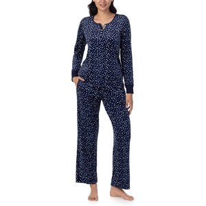 Nautica Pajamas for Women Set, Long Sleeve Henley Pajama Shirt & Pants, Warm Winter Fleece Sleepwear Lounge PJ Sets for Women(Navy Dots)