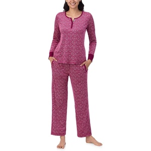 Nautica Pajamas for Women Set, Long Sleeve Henley Pajama Shirt & Pants, Warm Winter Fleece Sleepwear Lounge PJ Sets for Women(Pink Geo)