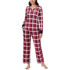 Nautica Pajamas for Women Set, Long Sleeve Henley Pajama Shirt & Pants, Warm Winter Fleece Sleepwear Lounge PJ Sets for Women(Red Plaid)