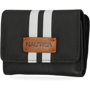 Nautica Rower’s End Small Wallet for Women, RFID Blocking Slim Credit Card Holder with Zipper Coin Pocket, Bifold Compact Wallet with ID Window in Indigo Bone(Black (Racing Stripe))