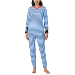Nautica Striped Lightweight Cotton Pajama PJ Set for Women, Womens Long Sleeve PJs Pajamas Crewneck Shirt & Jogger Pants Sets(Blue Stp)
