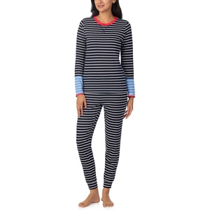 Nautica Striped Lightweight Cotton Pajama PJ Set for Women, Womens Long Sleeve PJs Pajamas Crewneck Shirt & Jogger Pants Sets(Navy Stp)