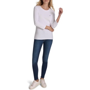 Nautica Women’s 3/4 Sleeve Length Cotton Solid Scalloped Knit Top(Bright White)