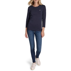 Nautica Women’s 3/4 Sleeve Length Cotton Solid Scalloped Knit Top(Night Sky)