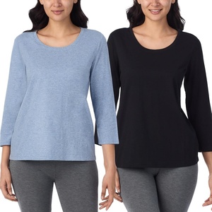 Nautica Womens 3/4 Sleeve Sleep Shirt – Lightweight Breathable Pajama Top – Cotton Knit Jersey Crewneck Sleepwear Loungewear(2 Pack Black/Heather Blue)
