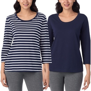 Nautica Womens 3/4 Sleeve Sleep Shirt – Lightweight Breathable Pajama Top – Cotton Knit Jersey Crewneck Sleepwear Loungewear(2 Pack Navy Stripe/Navy)